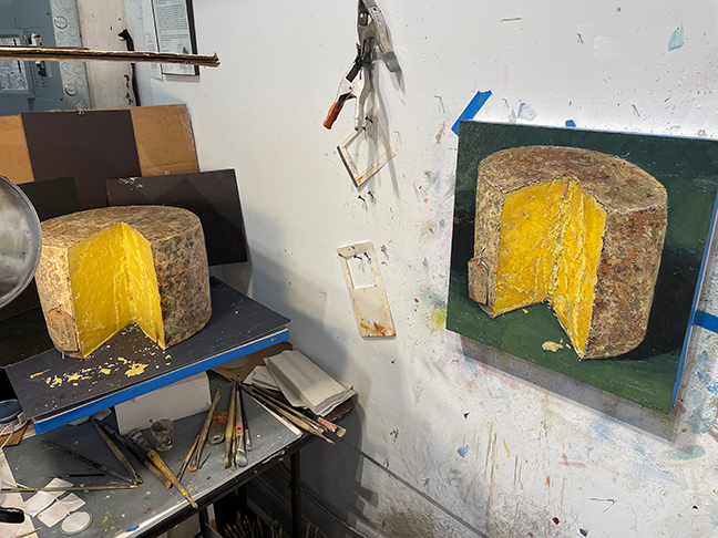 Animated Painting Progression of Montgomery's Clothbound Cheddar Wheel, original artwork by Mike Geno