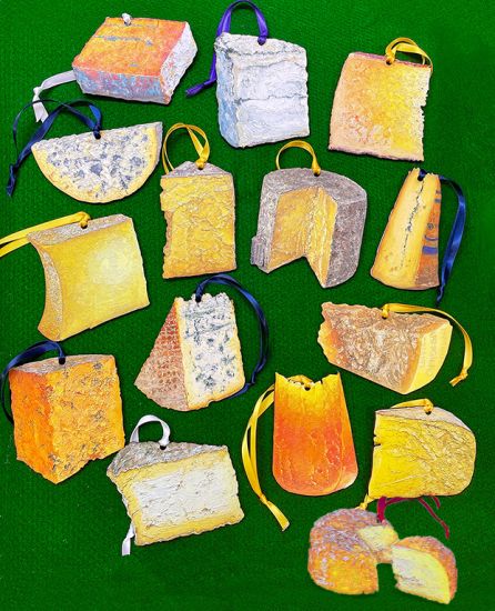 Image 2 of Montgomery's Cheddar Wheel cheese portrait ornament, original artwork by Mike Geno